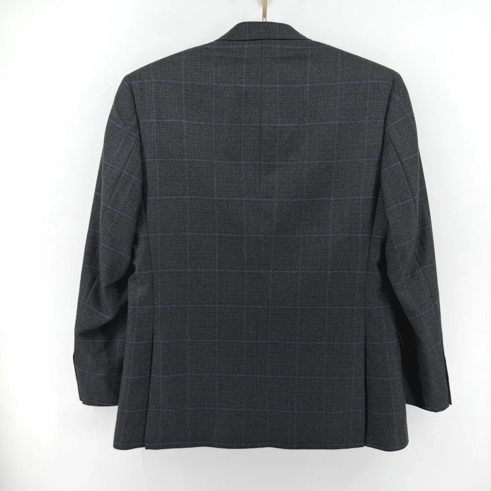 Jos. A. Bank Signature Charcoal Blue Windowpane Plaid 100% Wool Blazer 44 Long